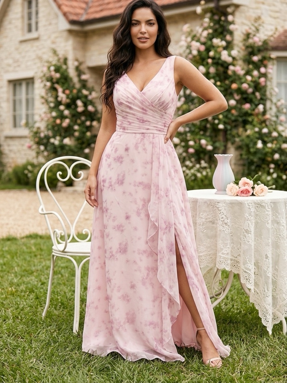 Elegant Pink Floral V-Neck Evening Dress